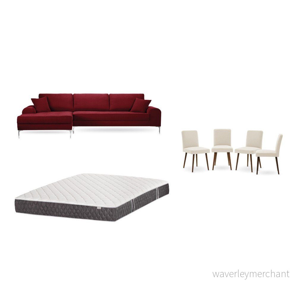 Set červené pohovky s lenoškou vlevo, 4 krémových židlí a matrace 160 x 200 cm Home Essentials v:1130042