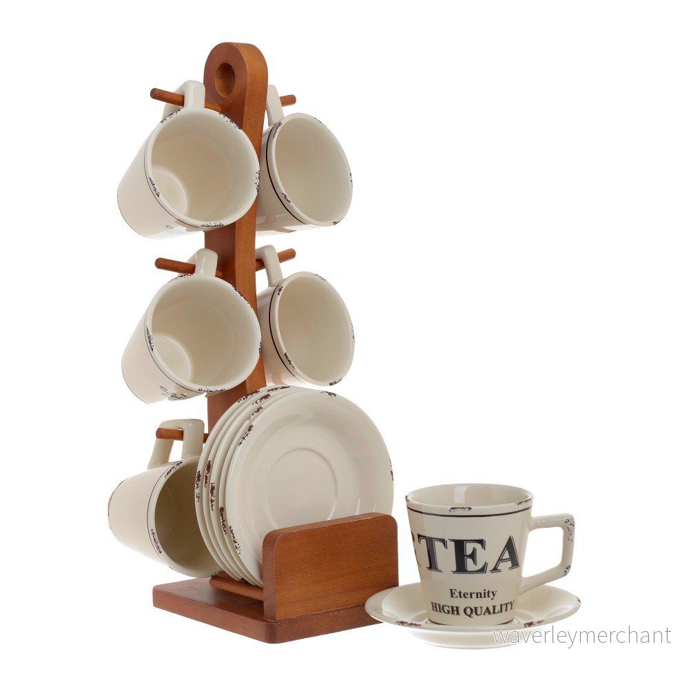 Set 6 bílých porcelánových šálků s podšálky a stojanem InArt Retro v:1291496