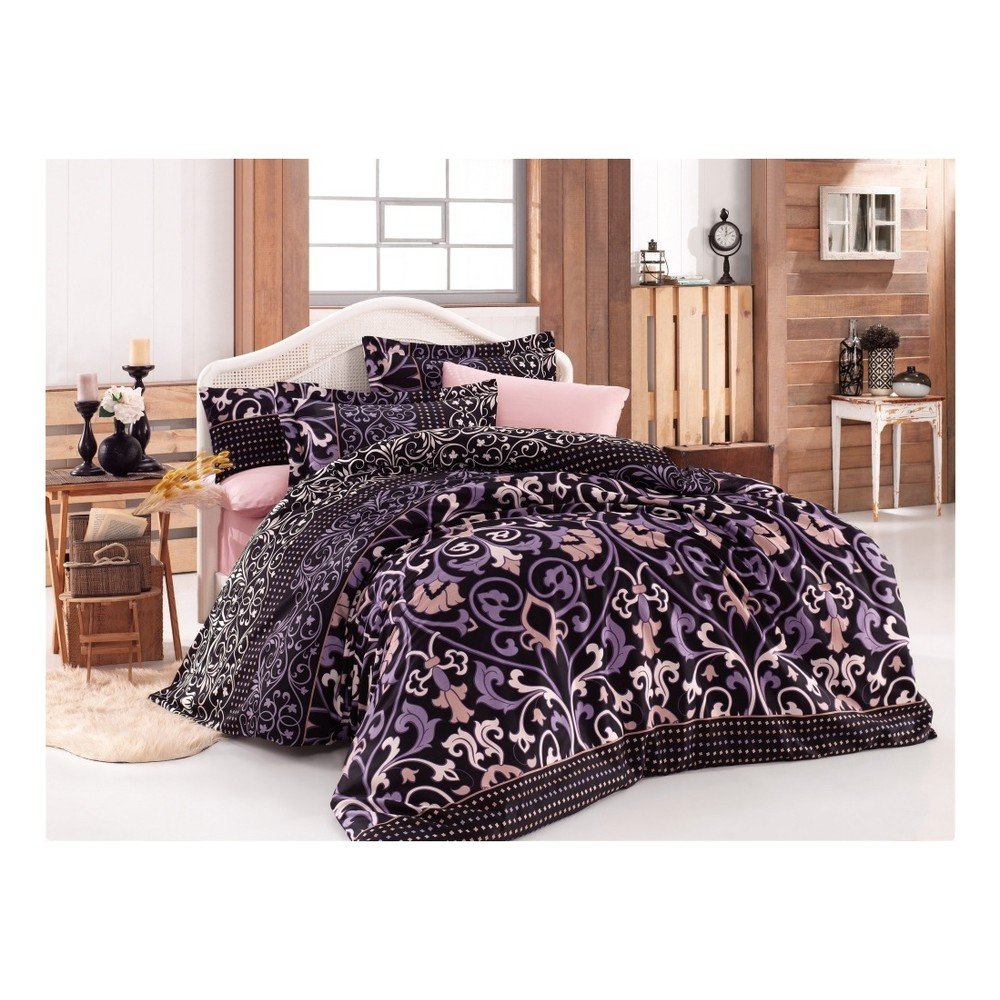 Povlečení z bavlněného saténu s prostěradlem na dvoulůžko Valentino Lilac, 200 x 220 cm v:1069400