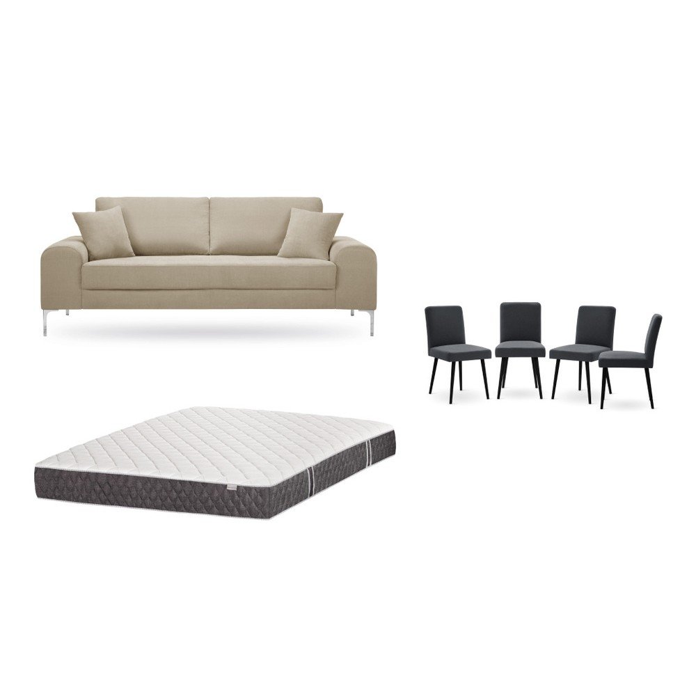 Set třímístné šedobéžové pohovky, 4 antracitově šedých židlí a matrace 160 x 200 cm Home Essentials v:1129922