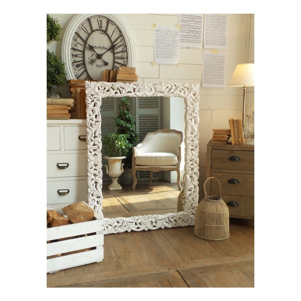 Zrcadlo s rámem z mangového dřeva Orchidea Milano Antique White, 80 x 105 cm v:995962