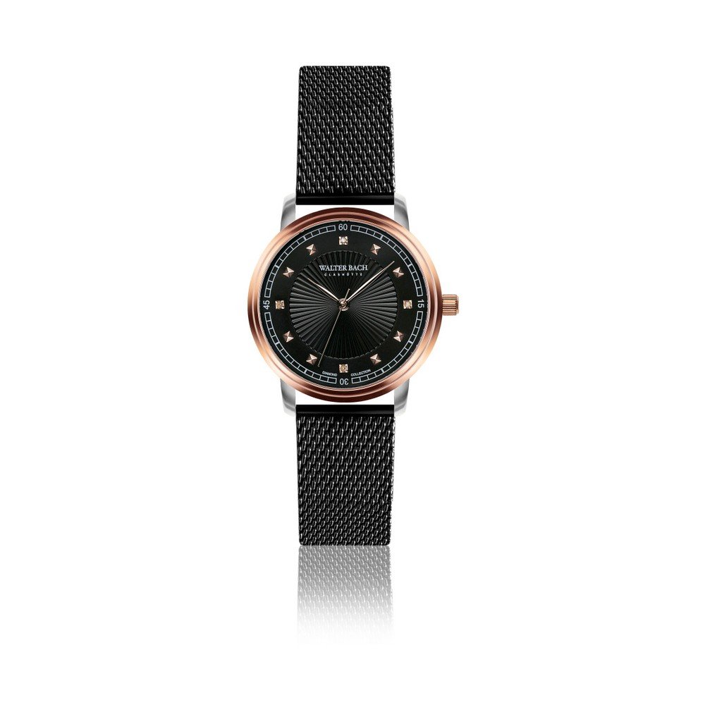 Dámské hodinky s černým páskem z pravé kůže a 4 diamanty Walter Bach Special v:1240152