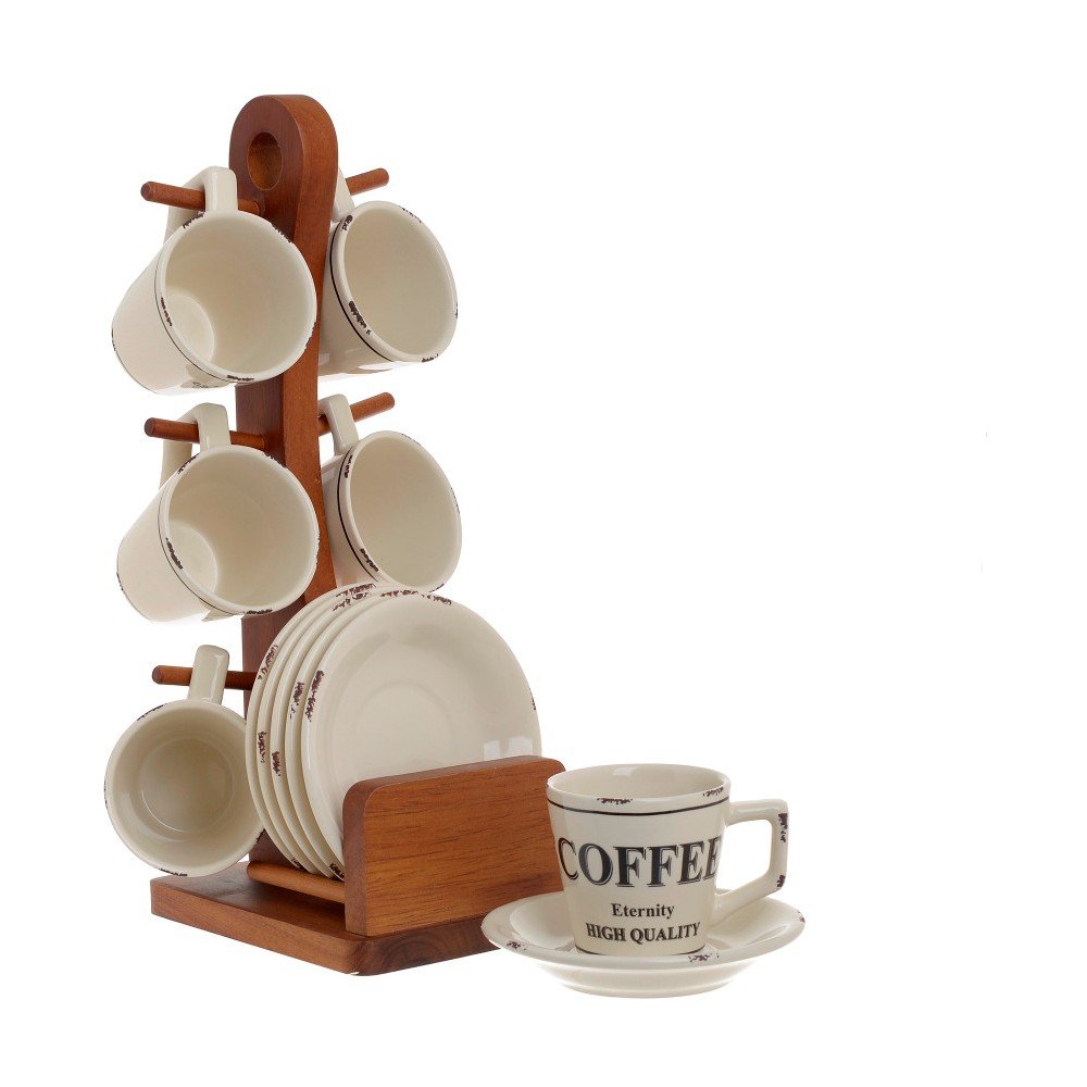 Set 6 bílých porcelánových šálků s podšálky a stojanem InArt Home v:1291510