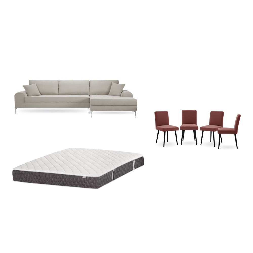 Set krémové pohovky s lenoškou vpravo, 4 cihlově červených židlí a matrace 160 x 200 cm Home Essentials v:1130050