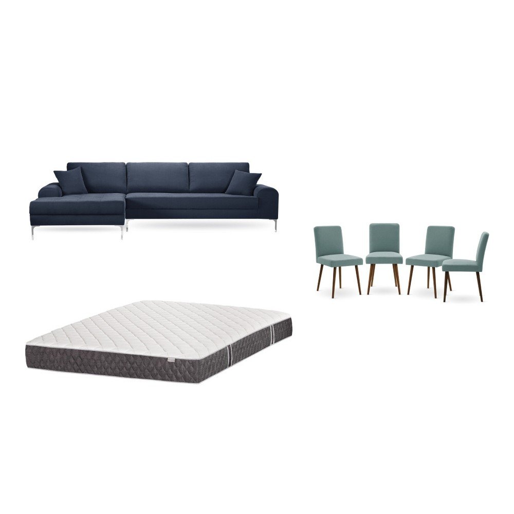 Set tmavě modré pohovky s lenoškou vlevo, 4 šedozelených židlí a matrace 160 x 200 cm Home Essentials v:1130016