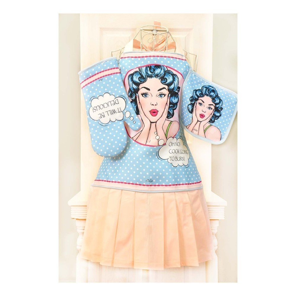 Set zástěry a dvou chňapek The Mia Retro Blue Hair v:815640