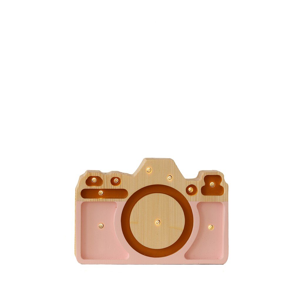 Růžová stolní lampa z borovicového dřeva Little Lights Camera, šířka 20 cm v:1444870