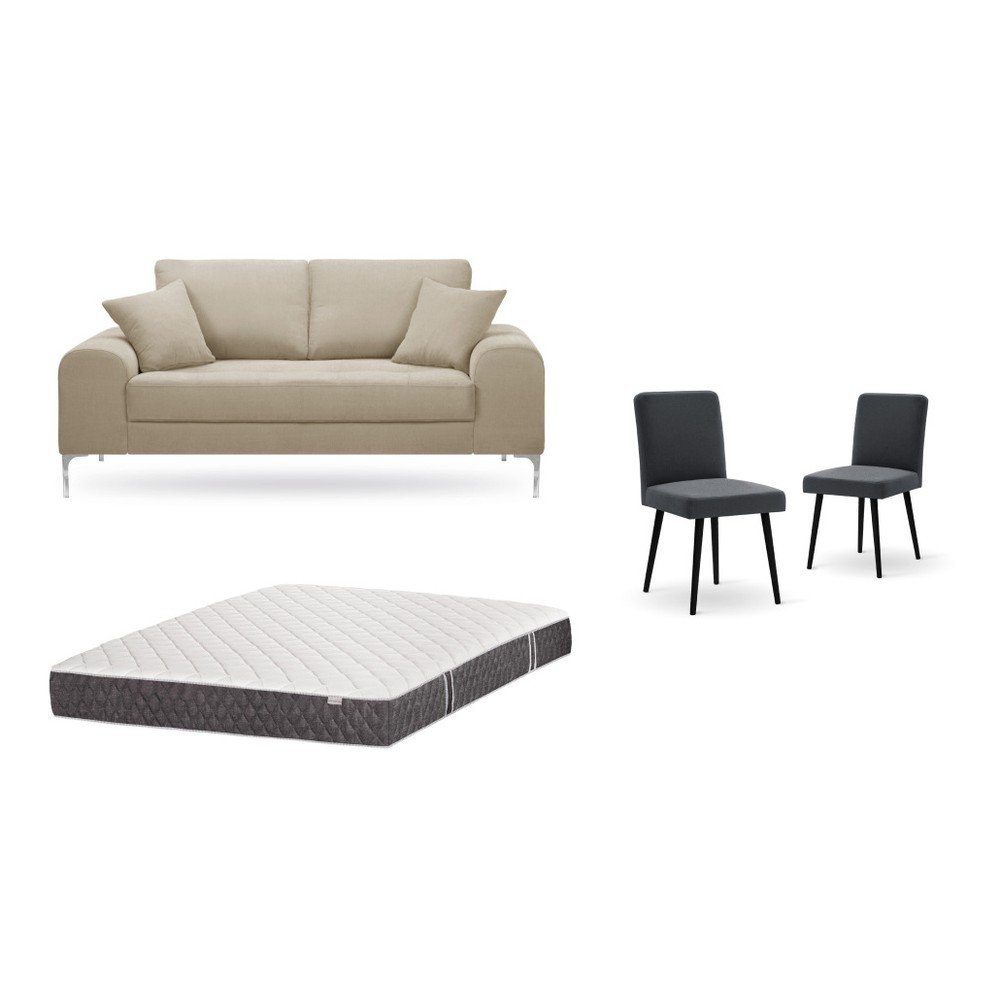 Set dvoumístné šedobéžové pohovky, 2 antracitově šedých židlí a matrace 140 x 200 cm Home Essentials v:1129824