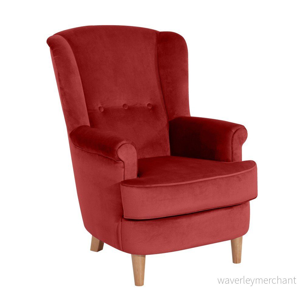 Cihlově červené sametové křeslo ušák Max Winzer Kendra Velvet v:904142