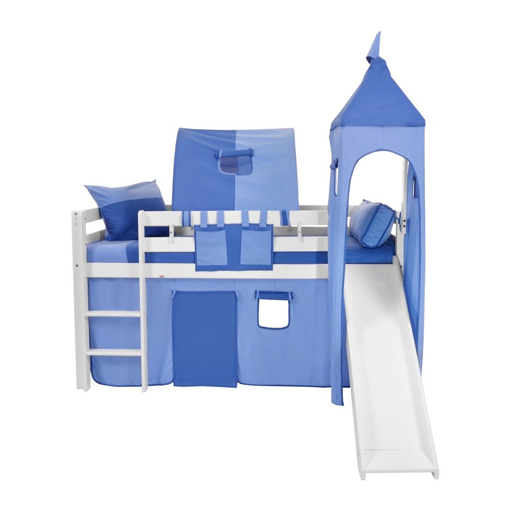 Dětská bílá patrová postel se skluzavkou a modrým hradním bavlněným setem Mobi furniture Tom, 200 x 90 cm v:1071688