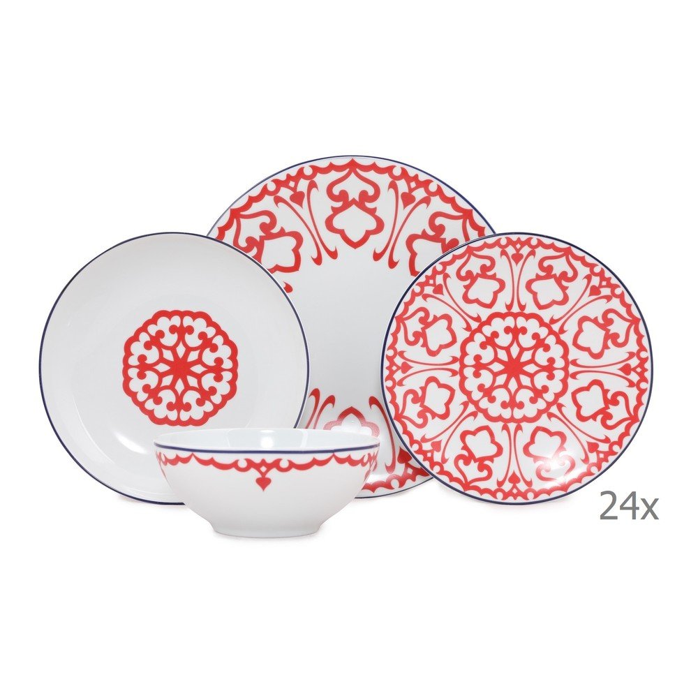 24dílný set bílého porcelánového nádobí s červeným vzorem Kütahya Porselen Desen v:1343527