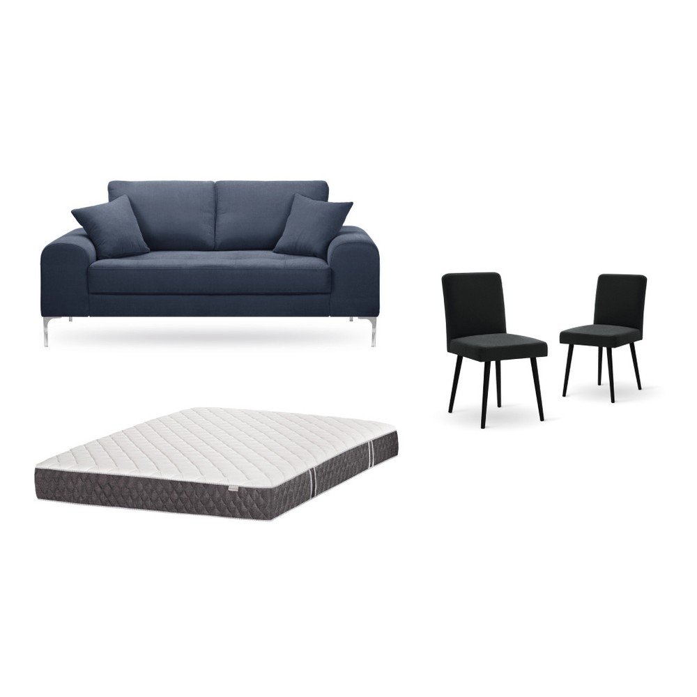 Set dvoumístné tmavě modré pohovky, 2 černých židlí a matrace 140 x 200 cm Home Essentials v:1129856