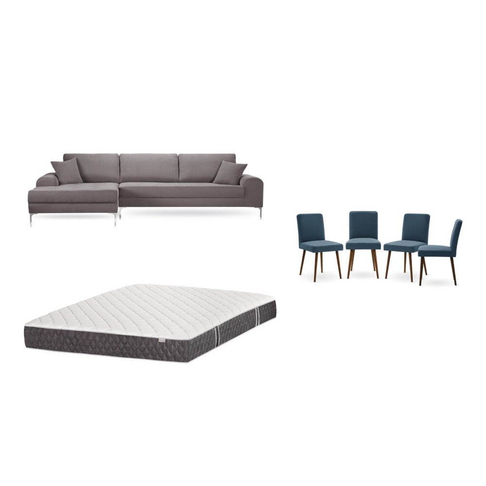 Set hnědé pohovky s lenoškou vlevo, 4 modrých židlí a matrace 160 x 200 cm Home Essentials v:1130008