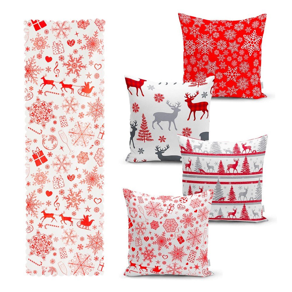 Sada 4 vánočních povlaků na polštář a běhounu na stůl Minimalist Cushion Covers Red Snowflake v:1386767