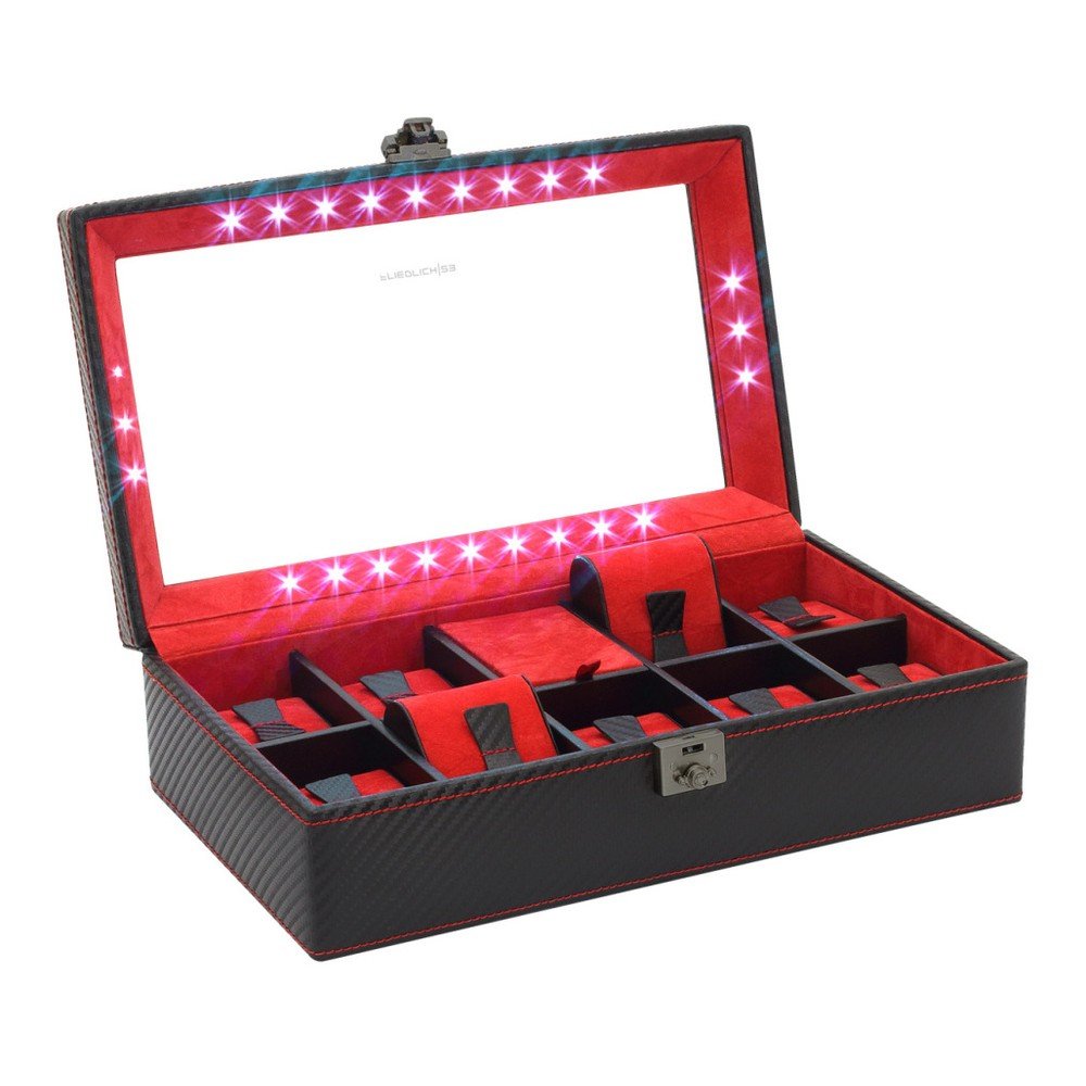 Černo-červený box s LED osvětlením na 9 hodinek Friedrich Lederwaren Carbon v:917140