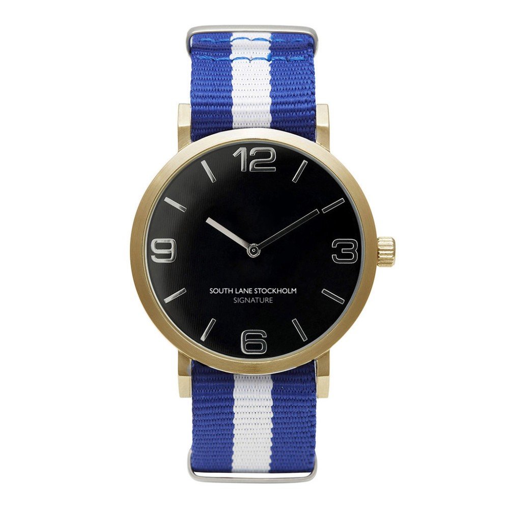Unisex hodinky s modrobílým řemínkem South Lane Stockholm Signature Black Gold Stripes v:872790