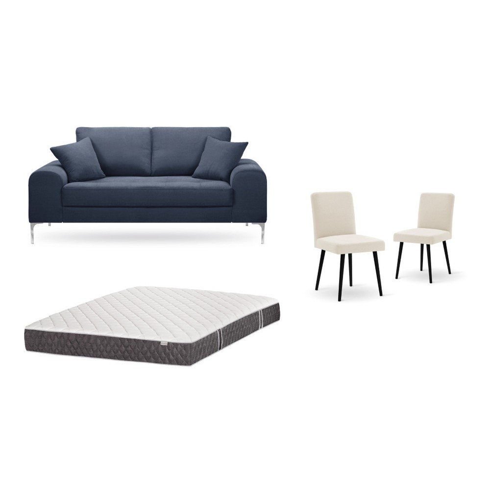 Set dvoumístné tmavě modré pohovky, 2 krémových židlí a matrace 140 x 200 cm Home Essentials v:1129848