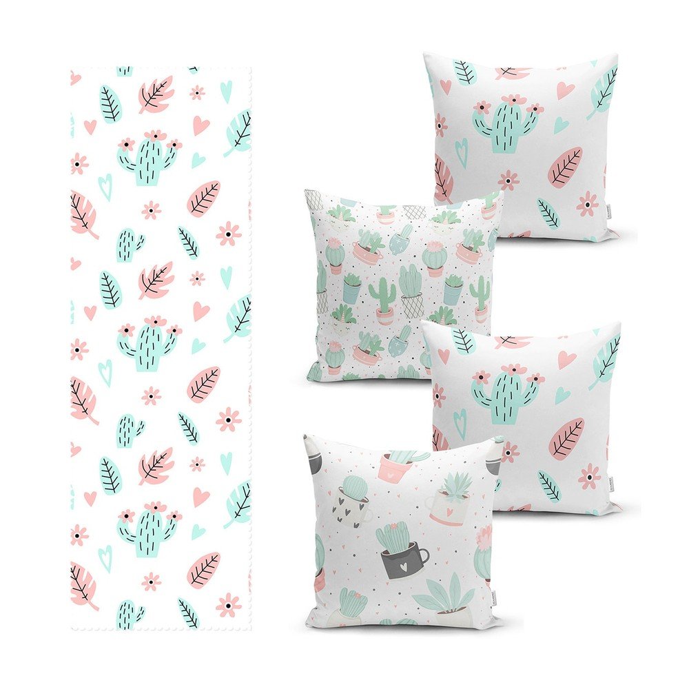 Set 4 povlaků na polštář a běhounu na stůl s příměsí bavlny Minimalist Home World v:1431981